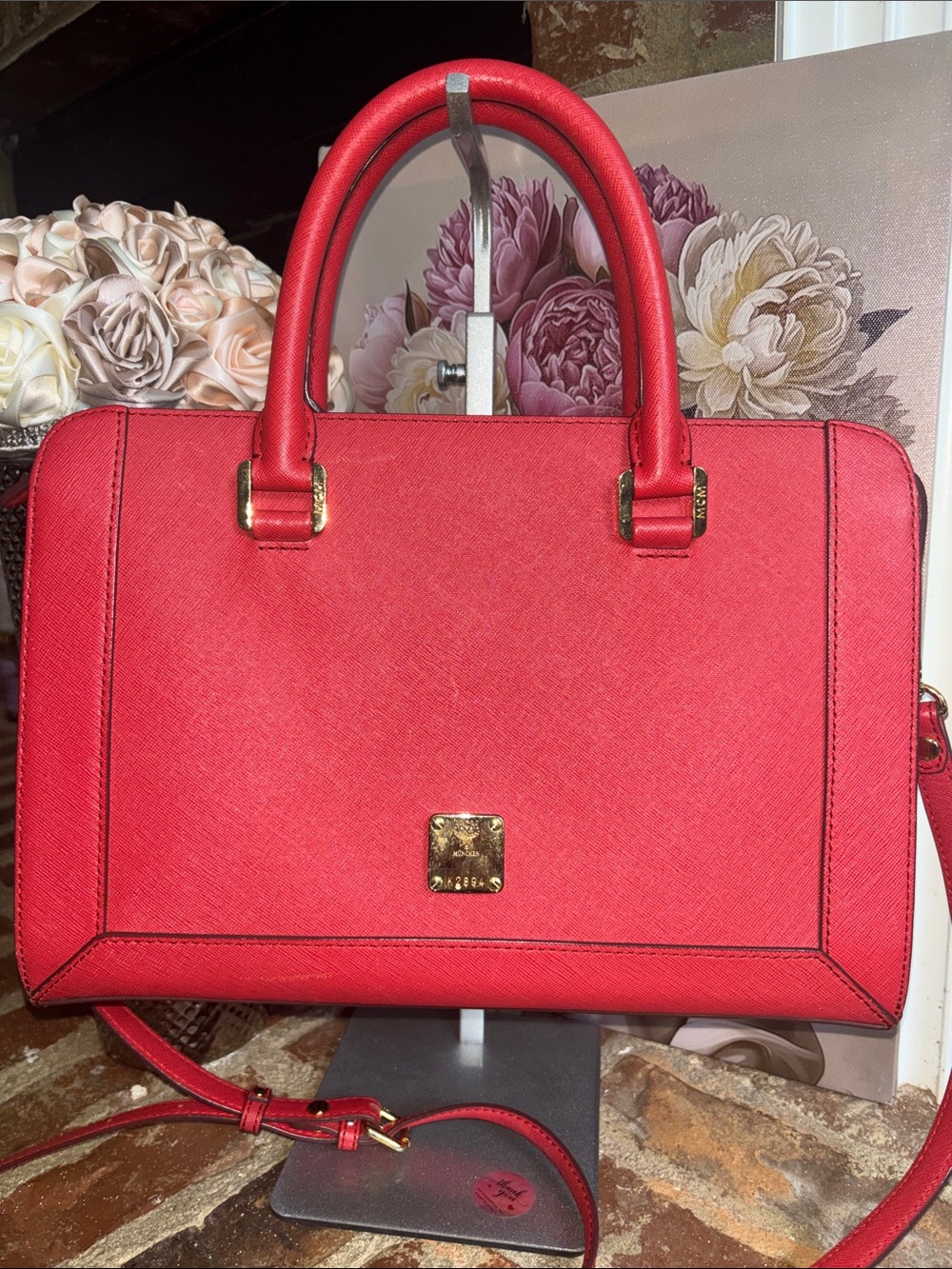 MCM Red Structured Top-Handle Women’s Satchel
